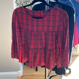 Madewell Tartan Ruffle Balloon Top Red Plaid Blouse Medium Bell Sleeve